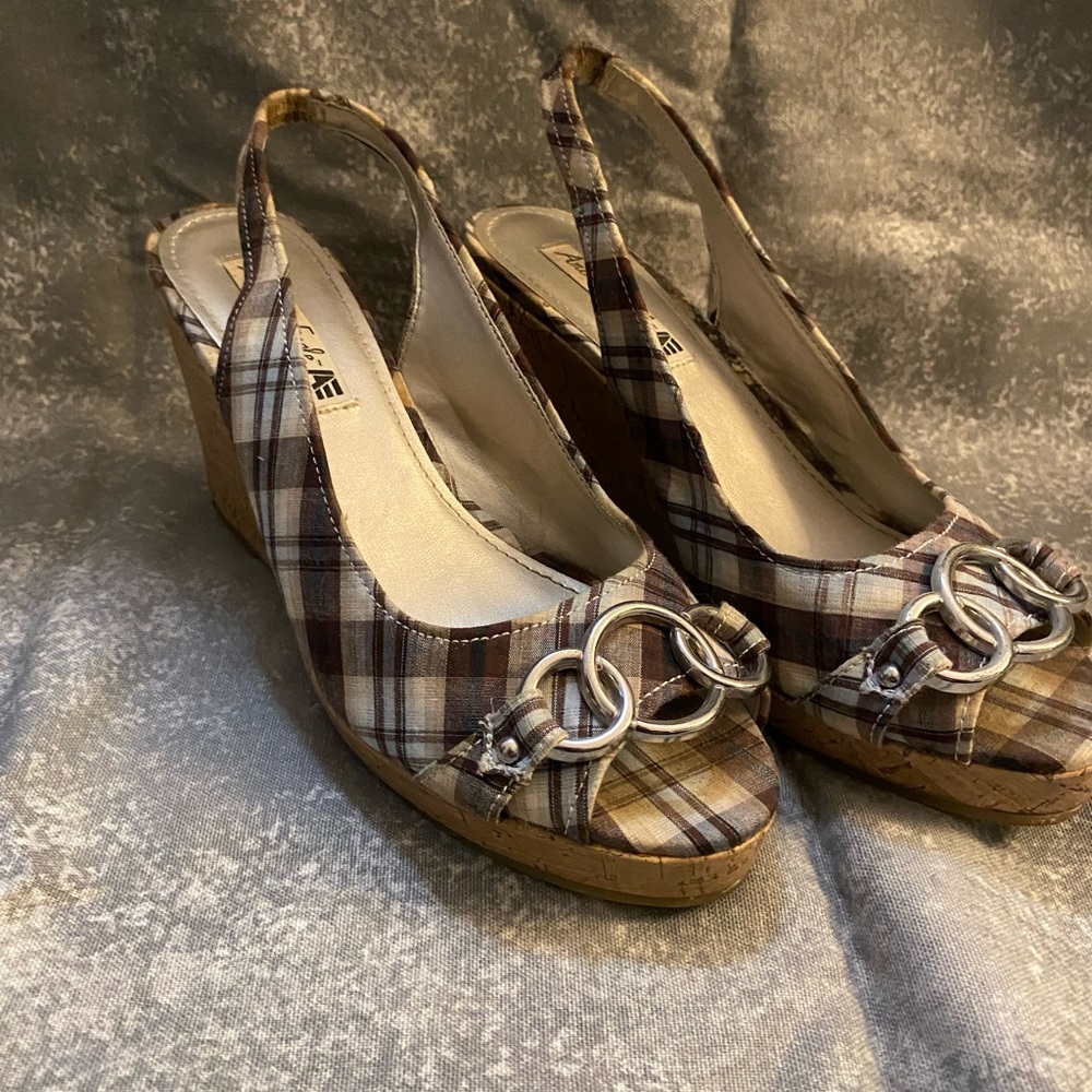 wedge plaid peep, toe, sling back women’s shoes